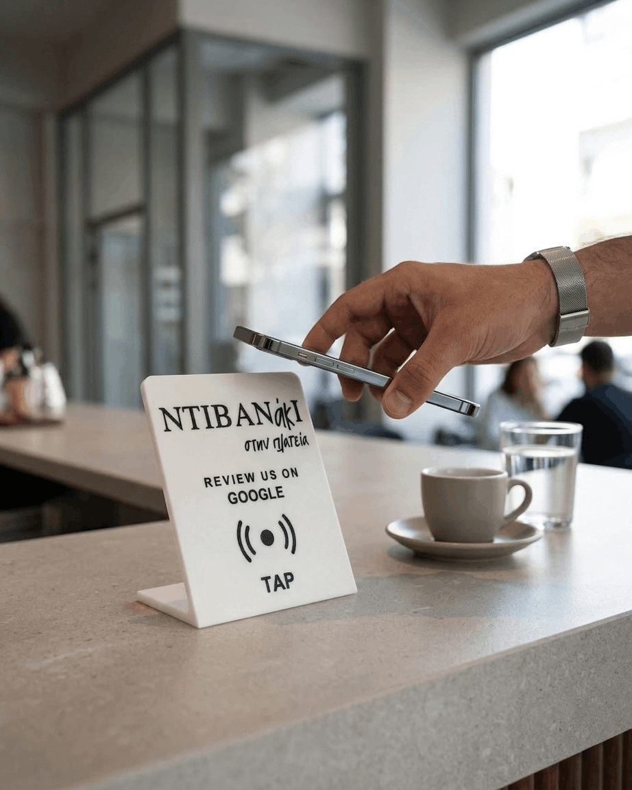 NFC stand «Ντιβανάκι» — 3D εκτυπωμένη βάση Google review με NFC
